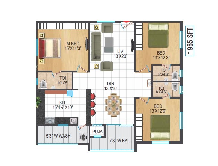 Floor plan of 3 BHK 1965 Sq. Ft. Apartment in Urban Scape USD Arcade, Hyderabad