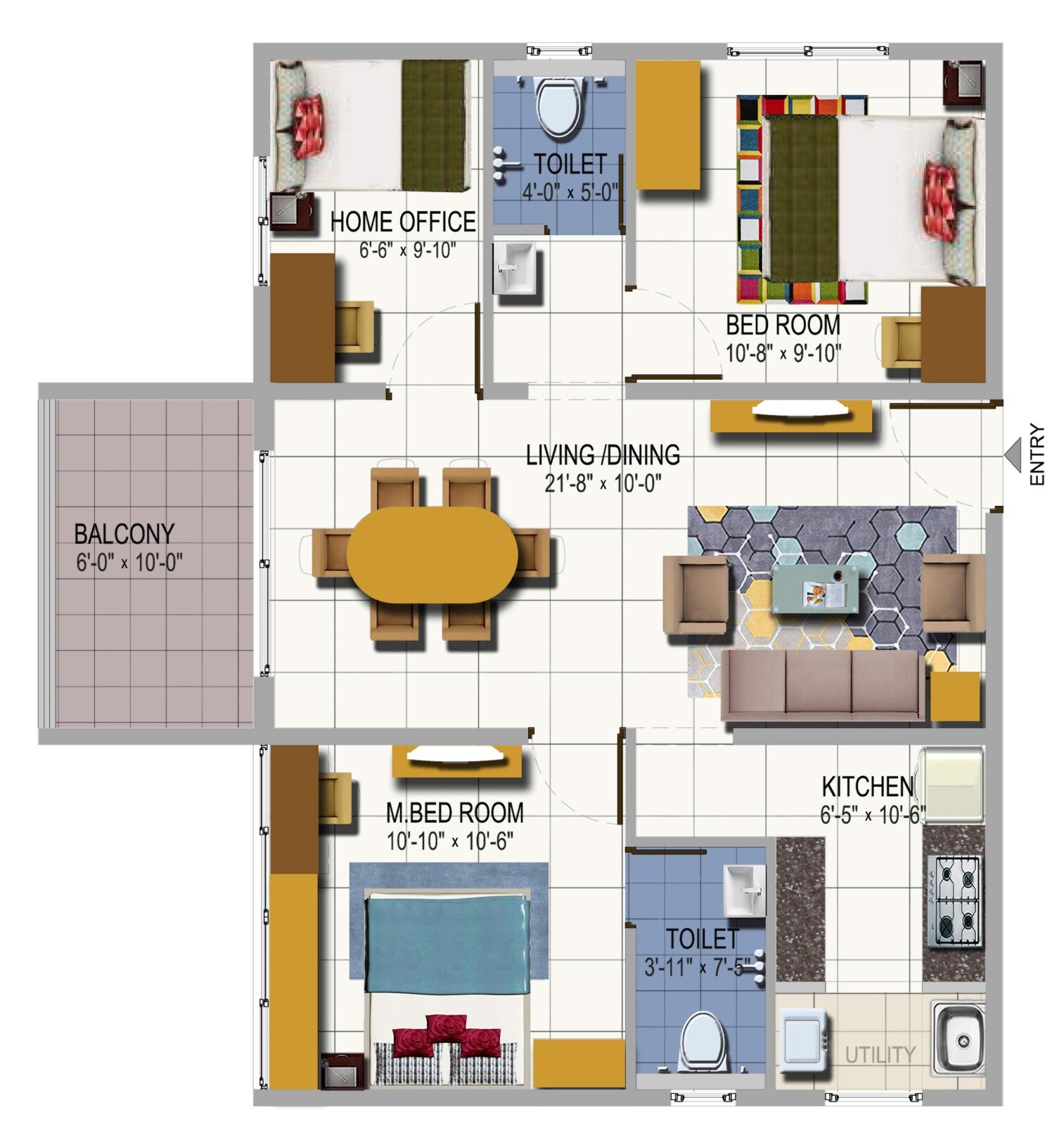 Floor plan of 2 BHK 1099 Sq. Ft. Apartment in Urbanrise Residences, Hyderabad