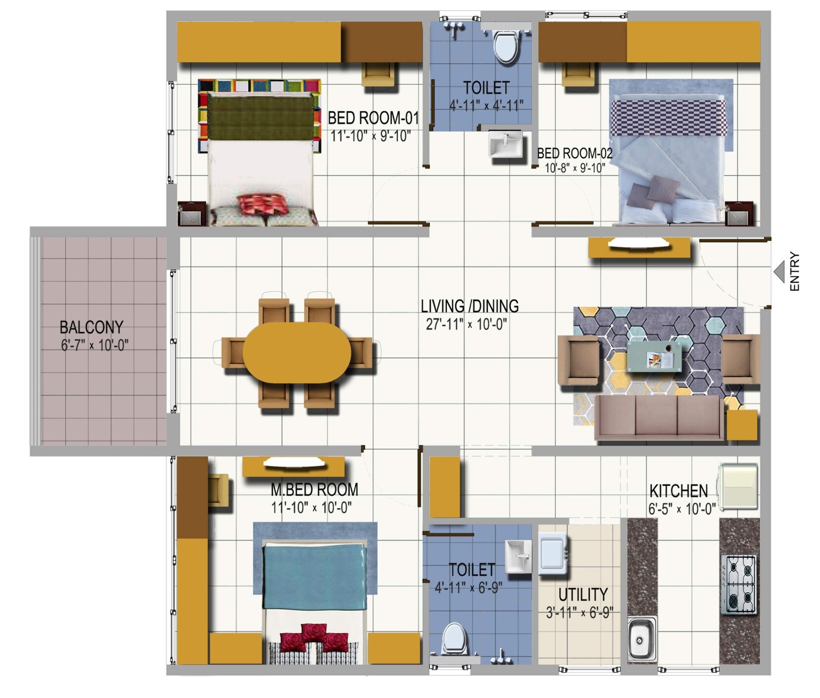 Floor plan of 3 BHK 1353 Sq. Ft. Apartment in Urbanrise Residences, Hyderabad