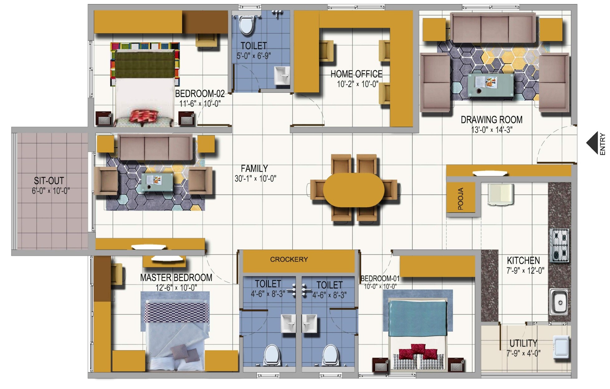 Floor plan of 3 BHK 1914 Sq. Ft. Apartment in Urbanrise Residences, Hyderabad
