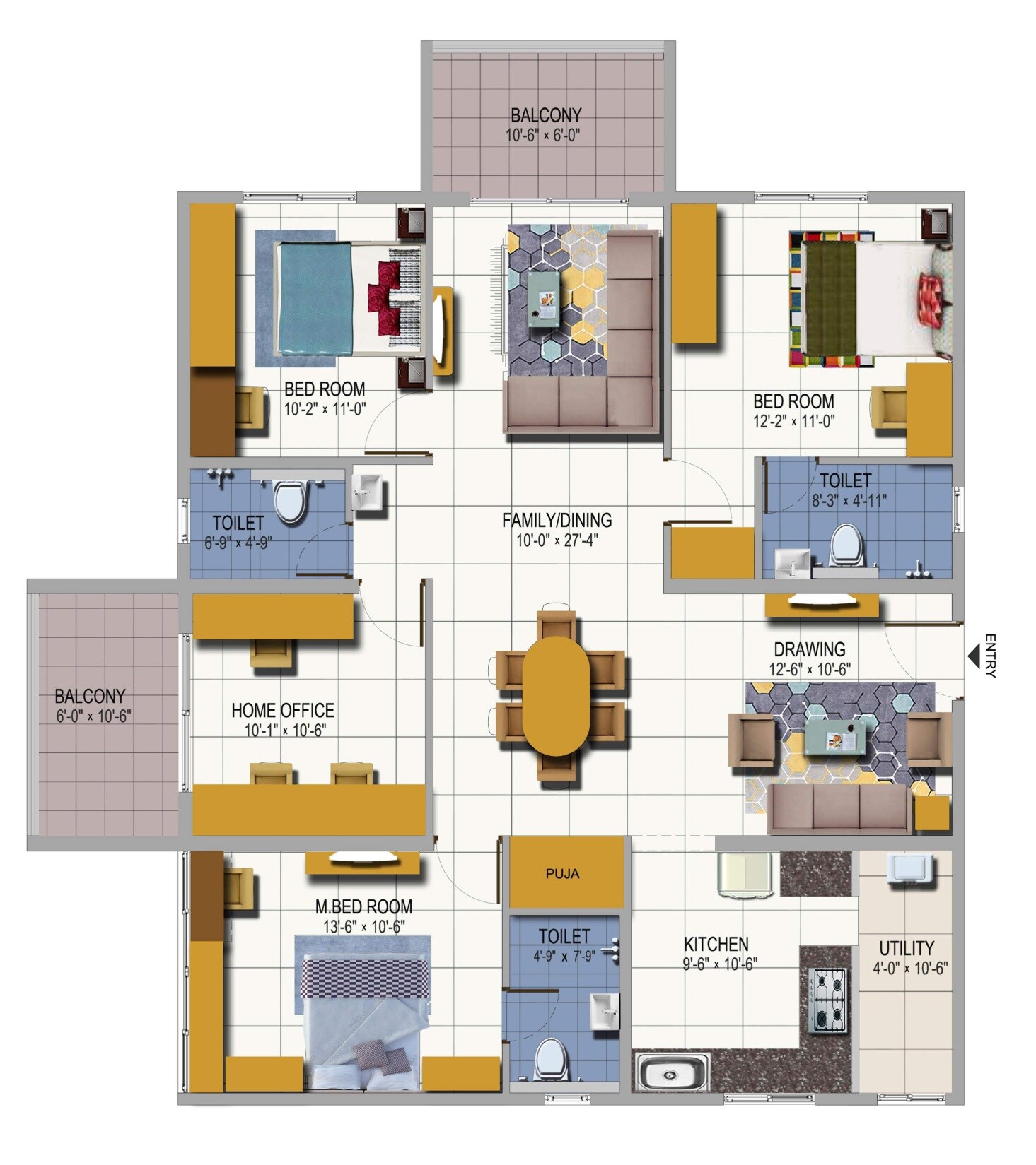 Floor plan of 4 BHK 2021 Sq. Ft. Apartment in Urbanrise Residences, Hyderabad