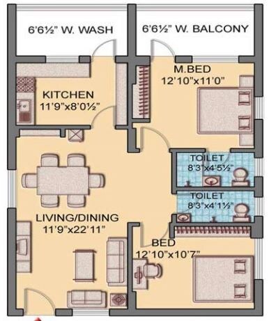 Floor plan of 2 BHK 1045 Sq. Ft. Apartment in Ushodayas Signature, Hyderabad