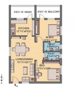 Floor plan of 2 BHK 1215 Sq. Ft. Apartment in Ushodayas Signature, Hyderabad