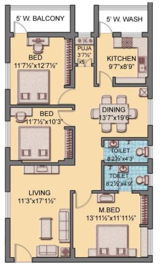 Floor plan of 3 BHK 1400 Sq. Ft. Apartment in Ushodayas Signature, Hyderabad