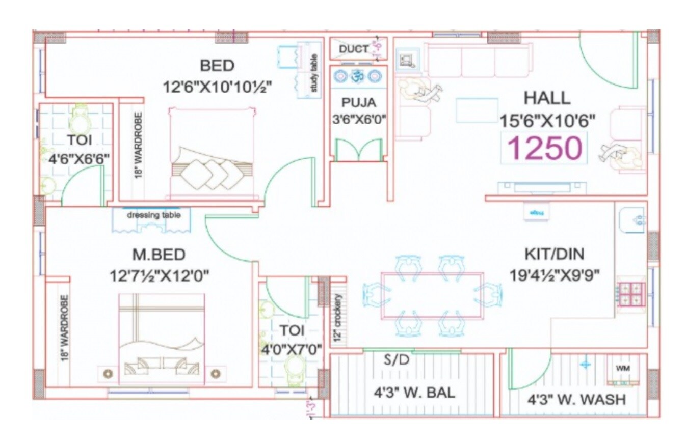 Floor plan of 2 BHK 1250 Sq. Ft. Apartment in Vaarahi Siri Sampada, Hyderabad