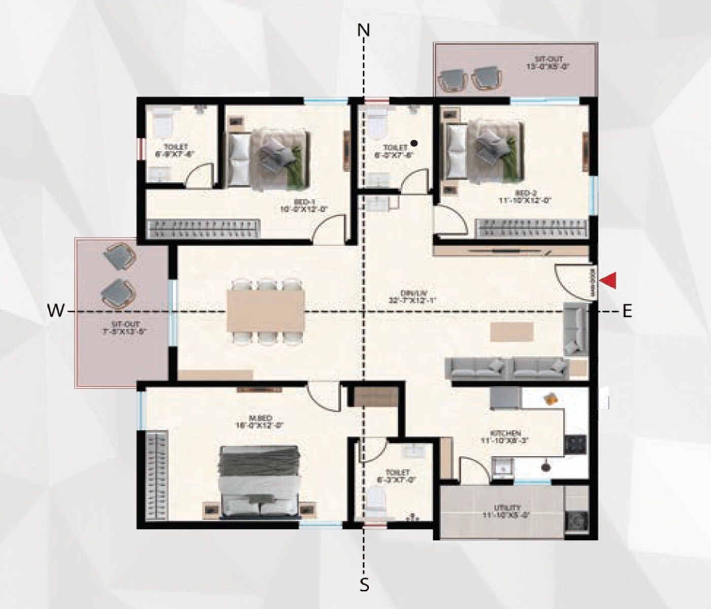 Floor plan of 3 BHK 2041 Sq. Ft. Apartment in Vaishnaoi Garuda, Hyderabad