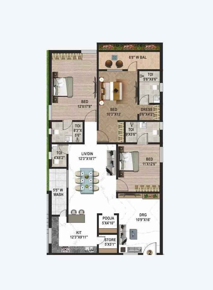 Floor plan of 3 BHK 2206 Sq. Ft. Apartment in Vaishnaoi Imperial, Hyderabad