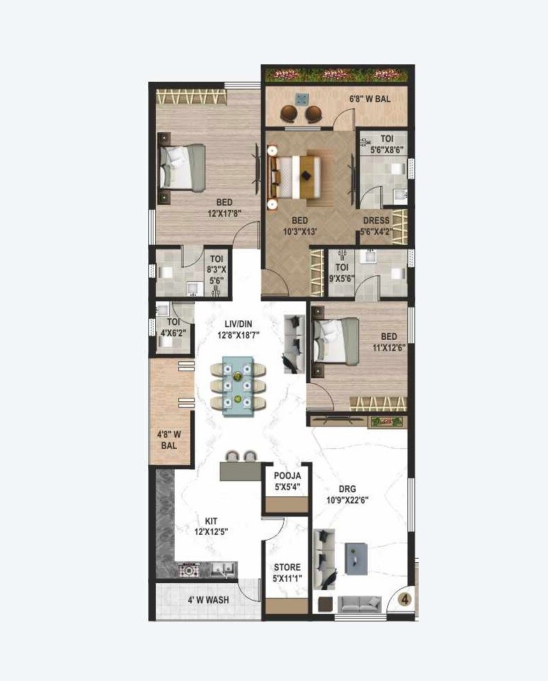 Floor plan of 3 BHK 2445 Sq. Ft. Apartment in Vaishnaoi Imperial, Hyderabad