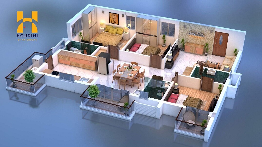 Floor plan of 3 BHK 1963 Sq. Ft. Apartment in Vaishnavi Houdini, Hyderabad