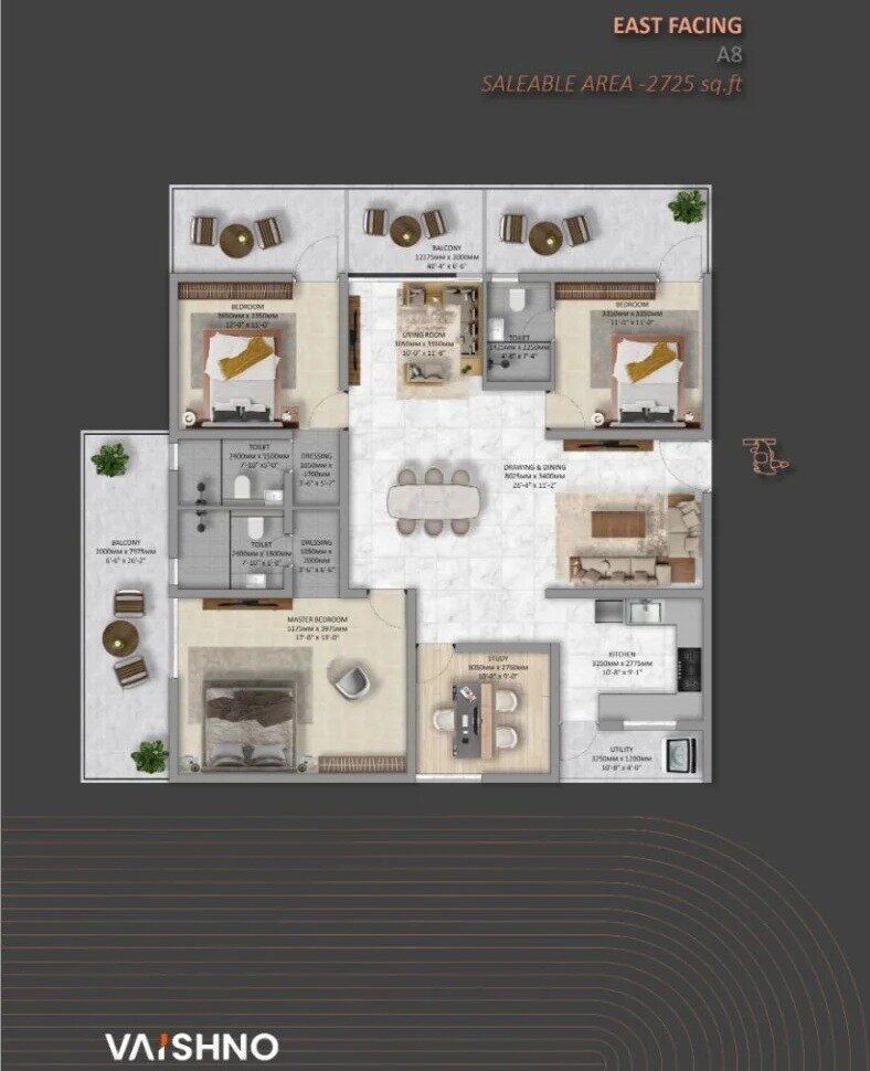 Floor plan of 3 BHK 2725 Sq. Ft. Apartment in Vaishno Skyvue, Hyderabad