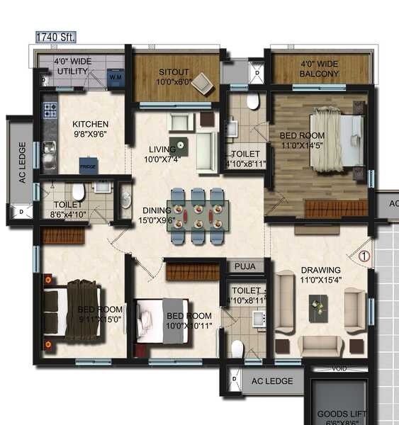 Floor plan of 3 BHK 1740 Sq. Ft. Apartment in Vajra Jasmine County, Hyderabad