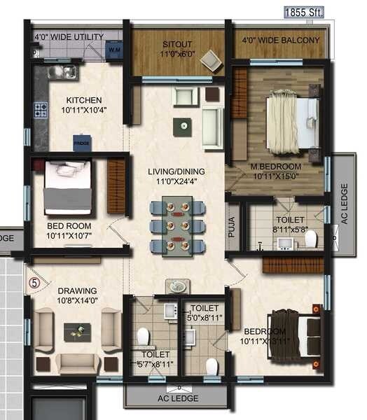 Floor plan of 3 BHK 1855 Sq. Ft. Apartment in Vajra Jasmine County, Hyderabad