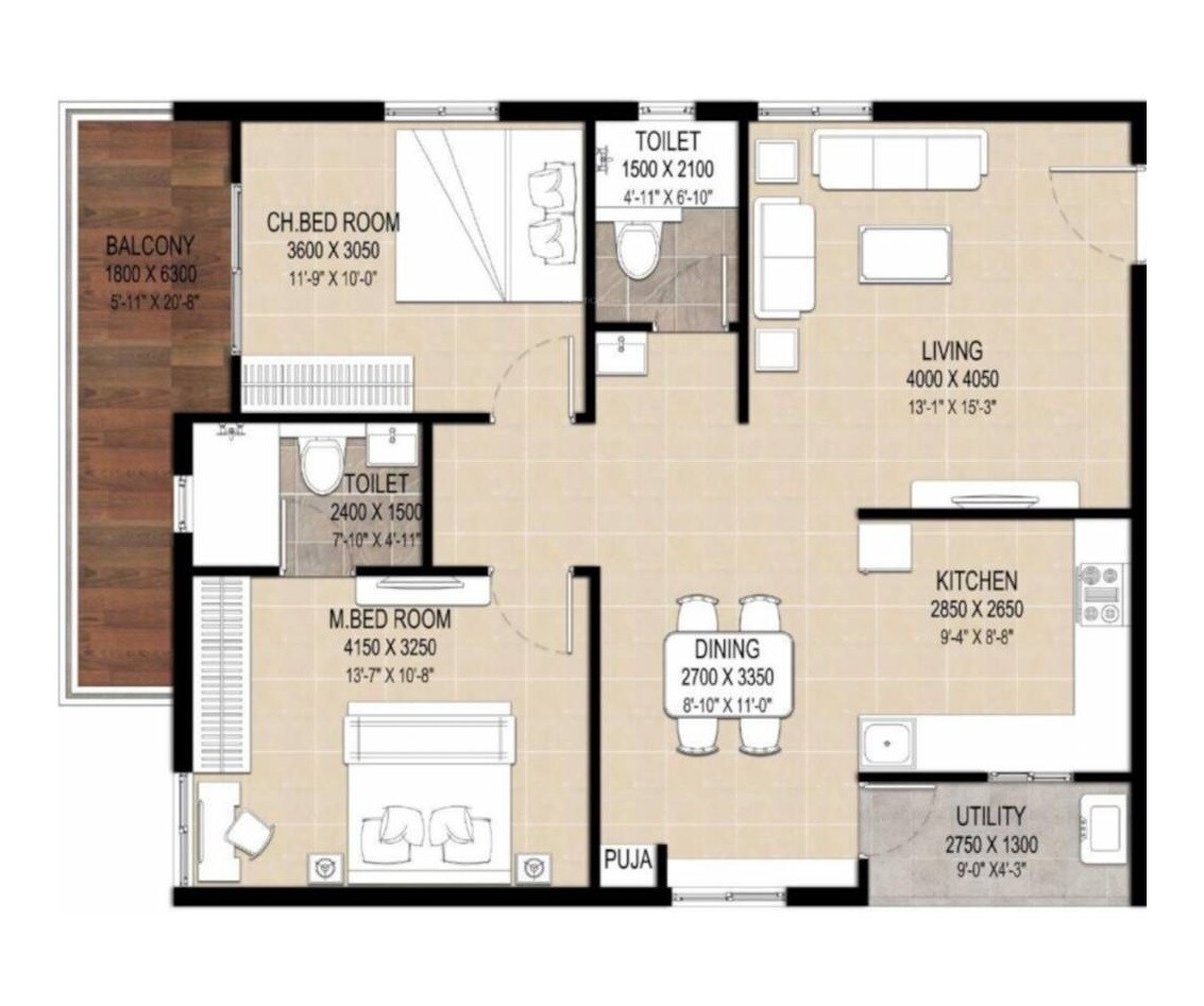 Floor plan of 2 BHK 1275 Sq. Ft. Apartment in Vajra The Royal Park, Hyderabad