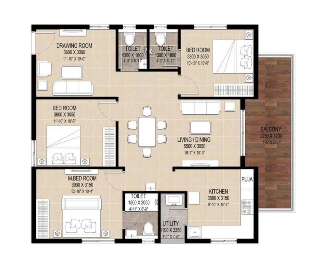 Floor plan of 3 BHK 1535 Sq. Ft. Apartment in Vajra The Royal Park, Hyderabad