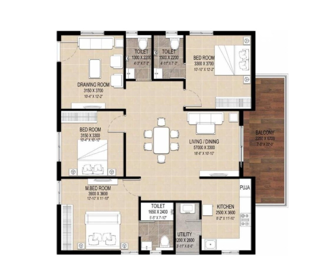 Floor plan of 3 BHK 1675 Sq. Ft. Apartment in Vajra The Royal Park, Hyderabad