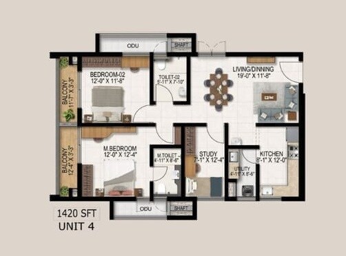 Floor plan of 2 BHK 1420 Sq. Ft. Apartment in Vajra West City, Hyderabad