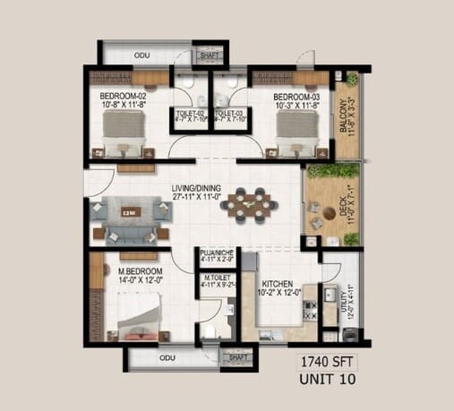Floor plan of 3 BHK 1740 Sq. Ft. Apartment in Vajra West City, Hyderabad