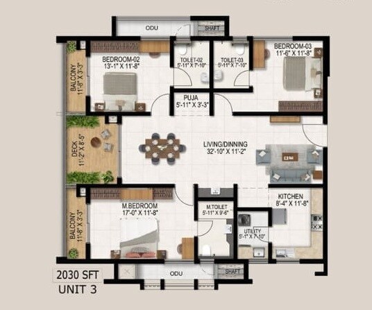 Floor plan of 3 BHK 2030 Sq. Ft. Apartment in Vajra West City, Hyderabad