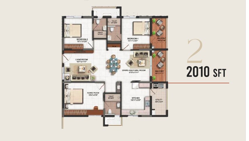 Floor plan of 3 BHK 2010 Sq. Ft. Apartment in Vajram Ixora, Hyderabad