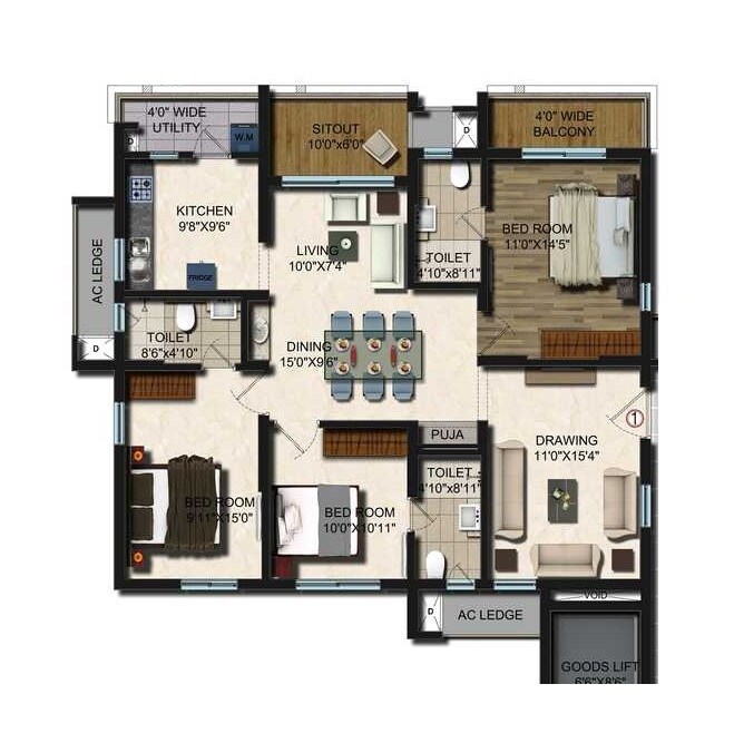 Floor plan of 3 BHK 1545 Sq. Ft. Apartment in Vajras Jasmine County, Hyderabad