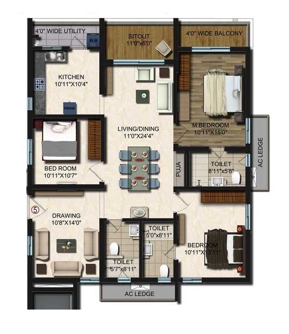 Floor plan of 3 BHK 1715 Sq. Ft. Apartment in Vajras Jasmine County, Hyderabad