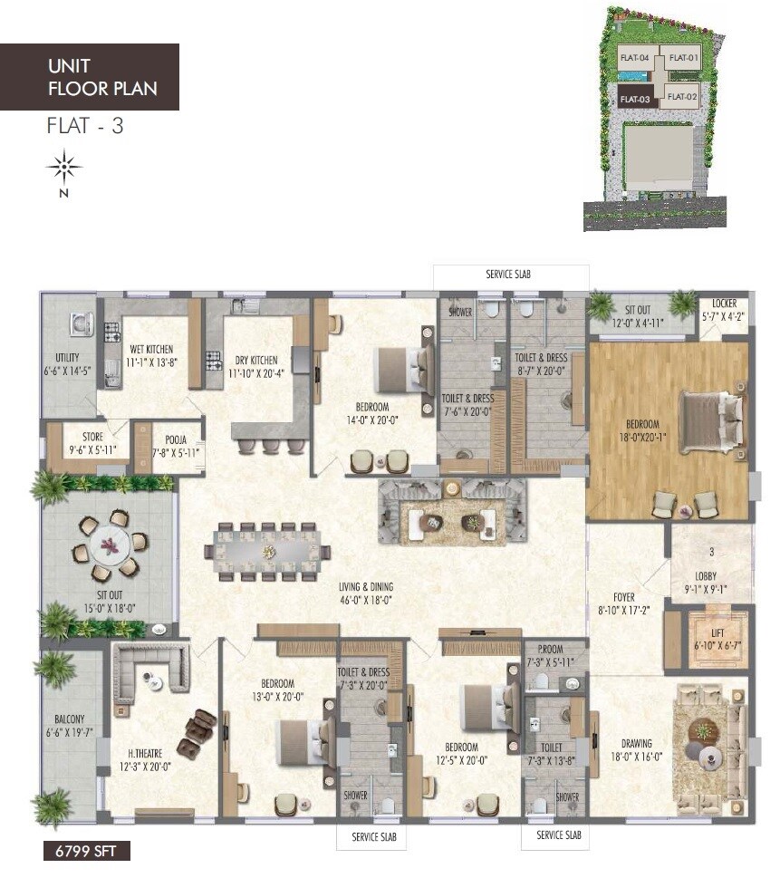 Floor plan of 4 BHK 6799 Sq. Ft. Apartment in Vamsiram Jyothi Valencia, Hyderabad