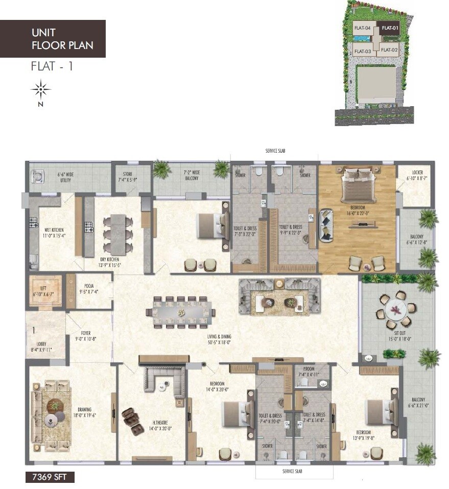 Floor plan of 4 BHK 7369 Sq. Ft. Apartment in Vamsiram Jyothi Valencia, Hyderabad