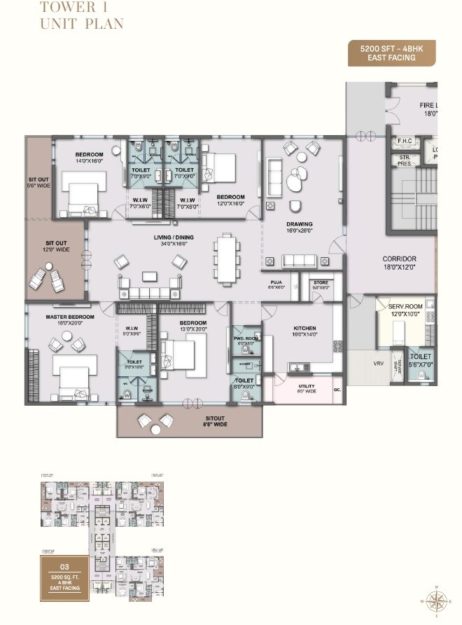 Floor plan of 4 BHK 5200 Sq. Ft. Apartment in Vamsiram Newmark, Hyderabad