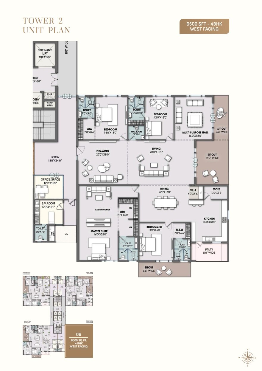 Floor plan of 4 BHK 6500 Sq. Ft. Apartment in Vamsiram Newmark, Hyderabad