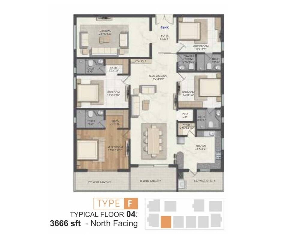 Floor plan of 4 BHK 3666 Sq. Ft. Apartment in Vamsiram The Niche, Hyderabad