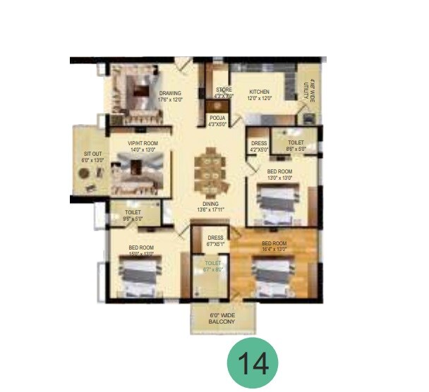 Floor plan of 3 BHK 2135 Sq. Ft. Apartment in Vamsiram West Wood, Hyderabad