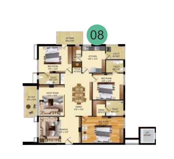 Floor plan of 3 BHK 2440 Sq. Ft. Apartment in Vamsiram West Wood, Hyderabad