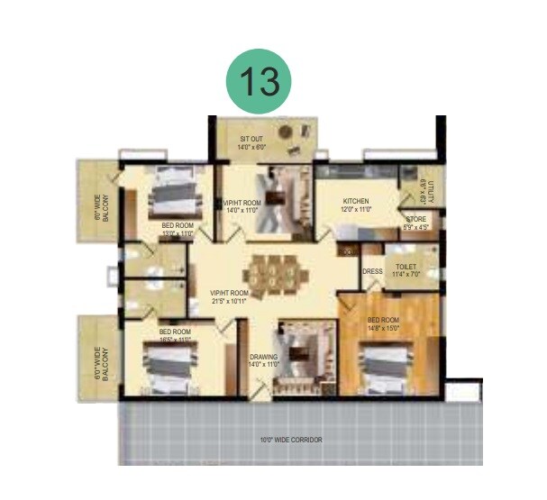 Floor plan of 3 BHK 2575 Sq. Ft. Apartment in Vamsiram West Wood, Hyderabad