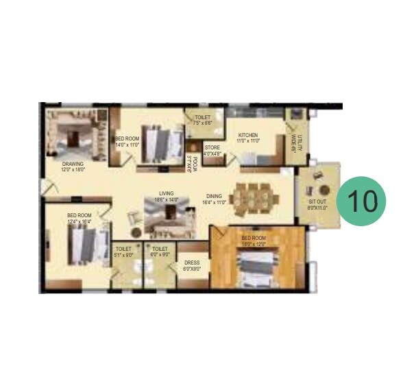 Floor plan of 3 BHK 2710 Sq. Ft. Apartment in Vamsiram West Wood, Hyderabad