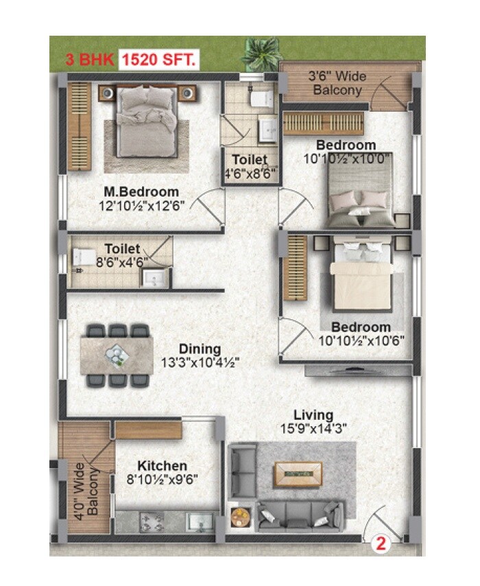 Floor plan of 3 BHK 1520 Sq. Ft. Apartment in Vardhan Green Oaks, Hyderabad