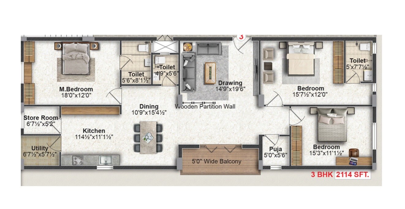Floor plan of 3 BHK 2114 Sq. Ft. Apartment in Vardhan Green Oaks, Hyderabad