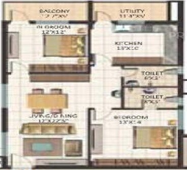 Floor plan of 2 BHK 1040 Sq. Ft. Apartment in Vasavi Brindavanam, Hyderabad