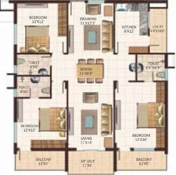 Floor plan of 3 BHK 1440 Sq. Ft. Apartment in Vasavi Brindavanam, Hyderabad