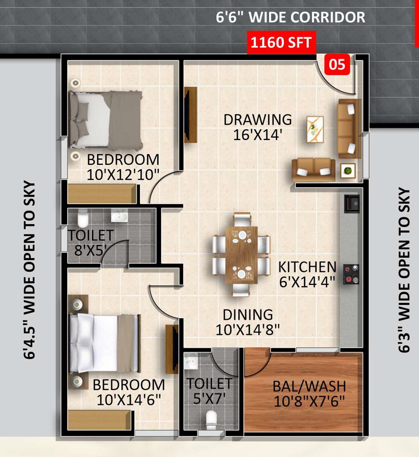 Floor plan of 2 BHK 1160 Sq. Ft. Apartment in Vasavi Gokulam, Hyderabad
