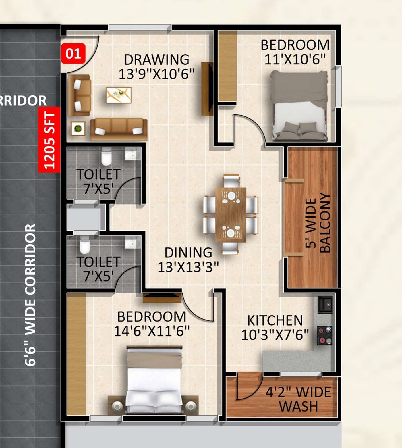 Floor plan of 2 BHK 1205 Sq. Ft. Apartment in Vasavi Gokulam, Hyderabad