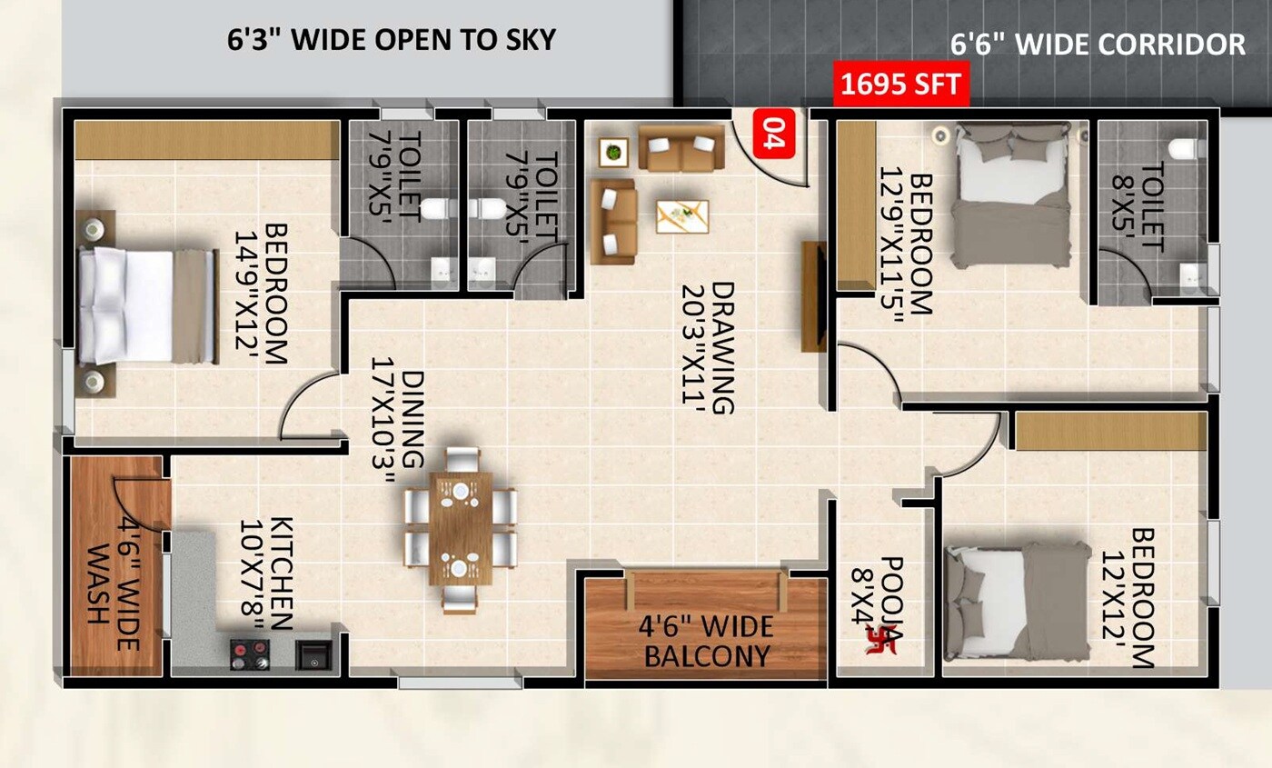 Floor plan of 3 BHK 1695 Sq. Ft. Apartment in Vasavi Gokulam, Hyderabad