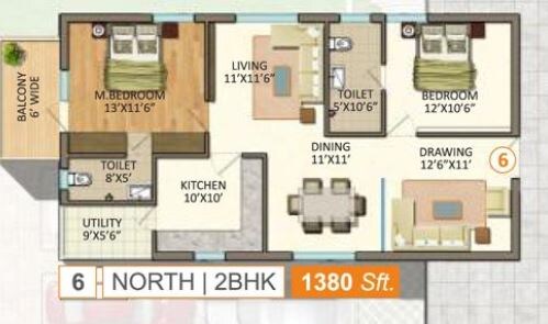 Floor plan of 2 BHK 1380 Sq. Ft. Apartment in Vasavi GP Trends, Hyderabad