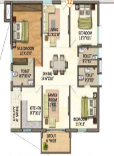 Floor plan of 3 BHK 1680 Sq. Ft. Apartment in Vasavi GP Trends, Hyderabad