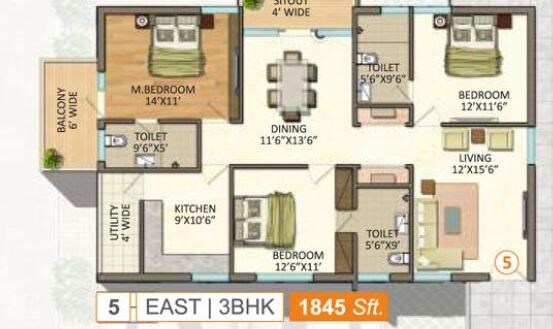 Floor plan of 3 BHK 1845 Sq. Ft. Apartment in Vasavi GP Trends, Hyderabad