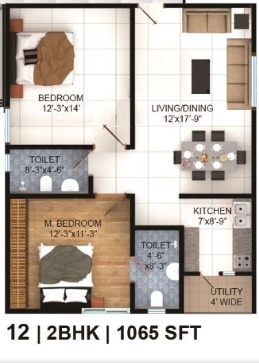 Floor plan of 2 BHK 1065 Sq. Ft. Apartment in Vasavi Lakecity East, Hyderabad