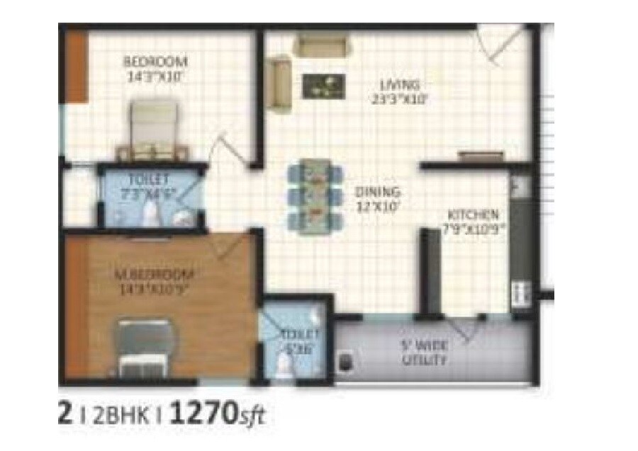 Floor plan of 2 BHK 1270 Sq. Ft. Apartment in Vasavi Lakecity East, Hyderabad