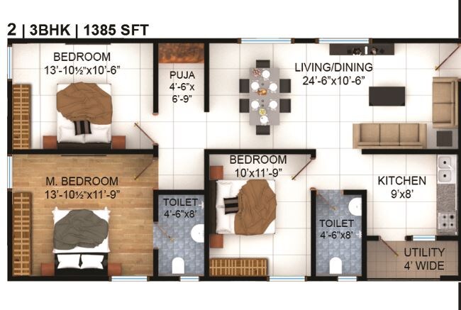 Floor plan of 3 BHK 1385 Sq. Ft. Apartment in Vasavi Lakecity East, Hyderabad