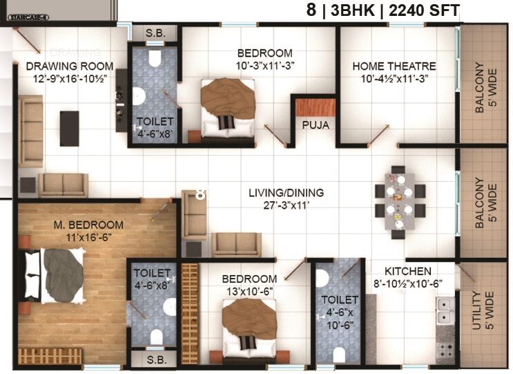 Floor plan of 3 BHK 2240 Sq. Ft. Apartment in Vasavi Lakecity East, Hyderabad