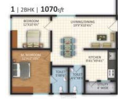 Floor plan of 2 BHK 1070 Sq. Ft. Apartment in Vasavi Lakecity West, Hyderabad
