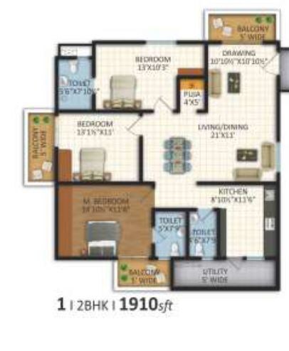 Floor plan of 2 BHK 1910 Sq. Ft. Apartment in Vasavi Lakecity West, Hyderabad
